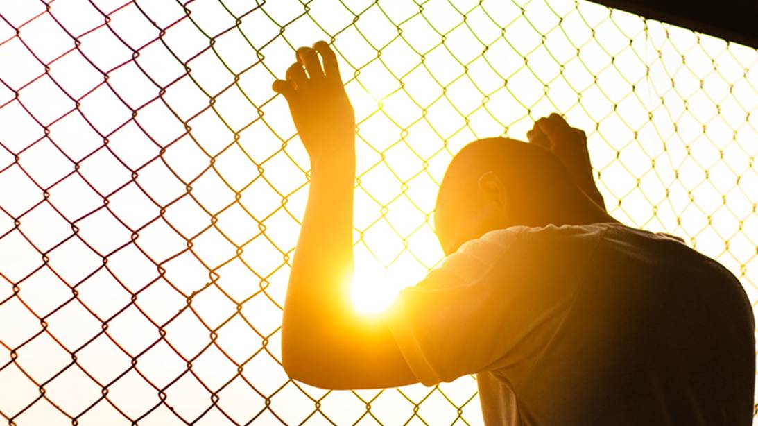 A person stands behind a fence, head bowed. Golden sunlight obscures details, suggesting distress and confinement.